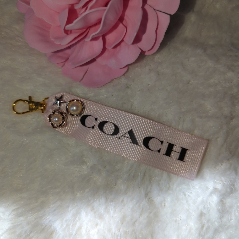 COACH Pale Pink Ribbon Key Chain Bag Charm With Pearls And Star Stud Upcycled